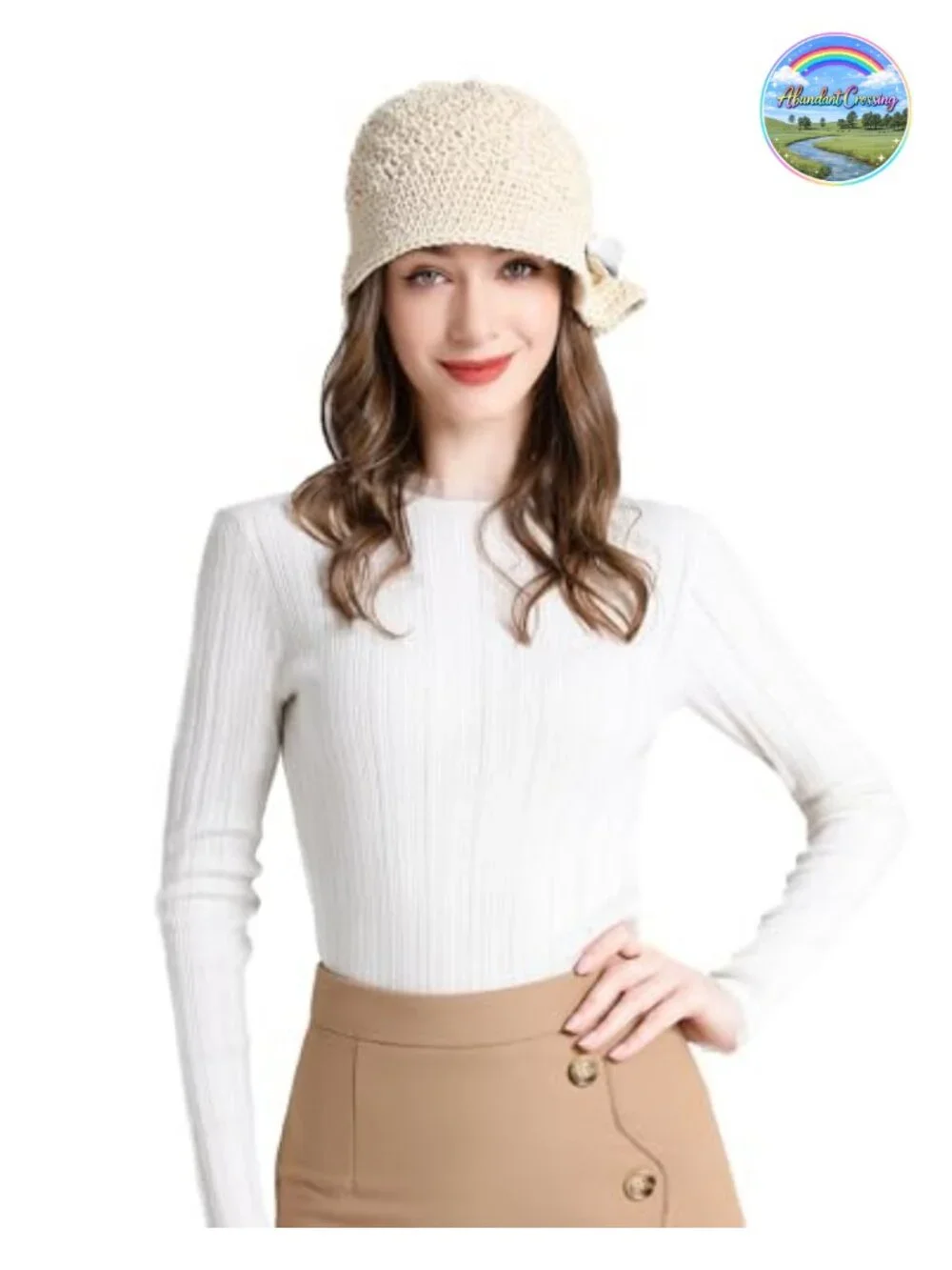 Hand Knitted Cotton Bucket Hat with Leather Bowknot for Women Foldable Travel